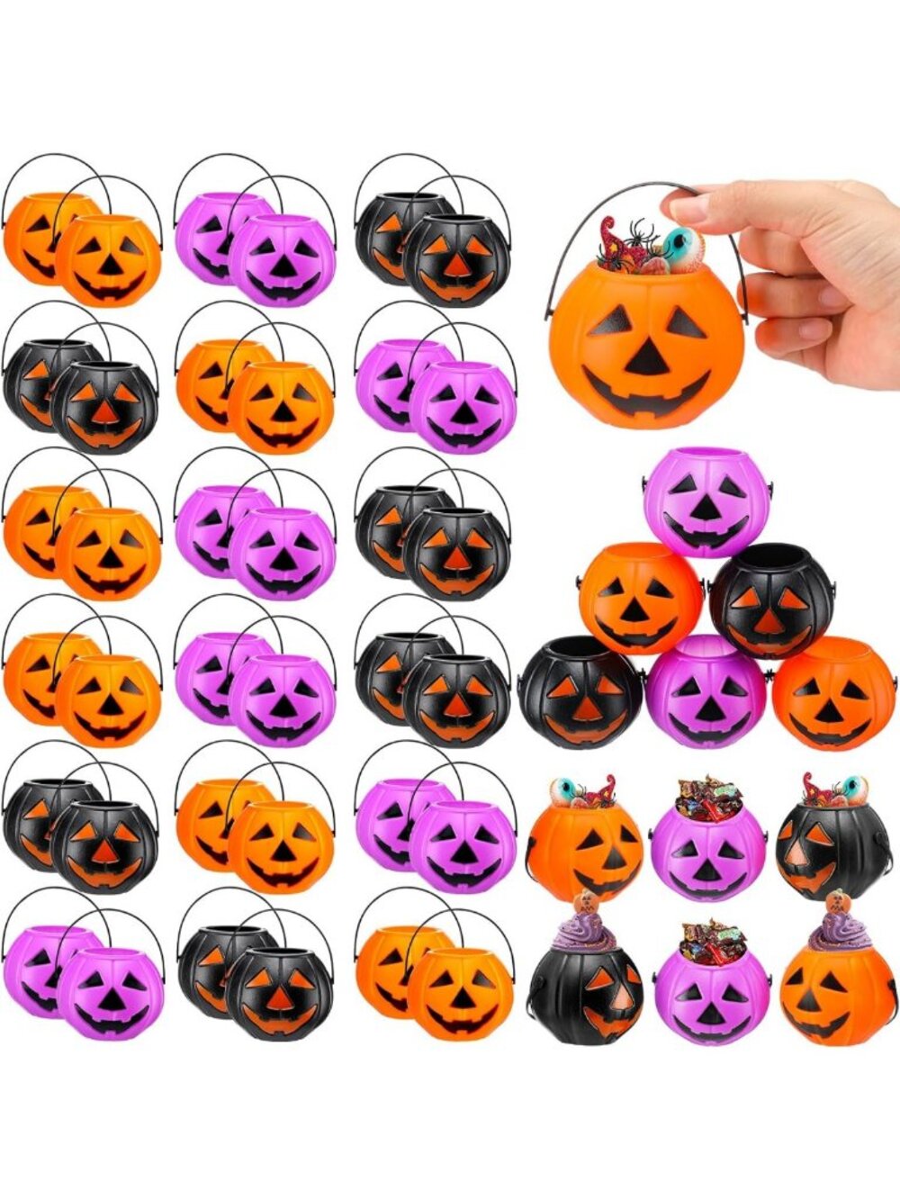 50 Pcs Mini Halloween Pumpkin Buckets - Orange, Black, Purple Party Decor